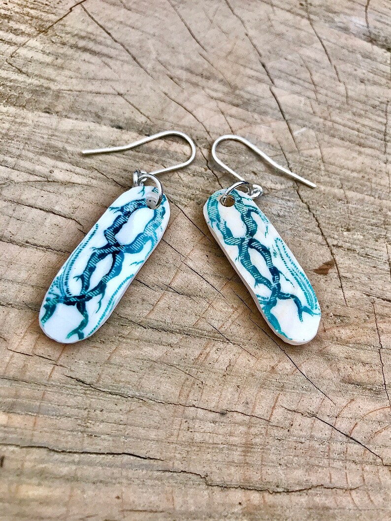 vintage green ironstone willow pattern vintage pottery long tab earrings,sterling silver ear wires.