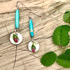 Cute rosebud recycled vintage floral Ceramic  crockery dangle earrings
