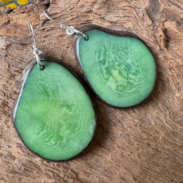 Pendientes colgantes de aro de nuez de Tagua verde (marfil vegetal) con alambres de oreja de plata de primera ley.