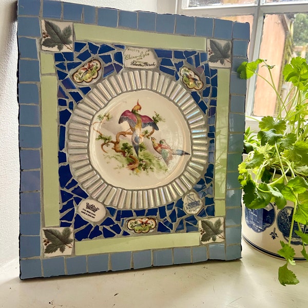 Handmade blue green birds of a feather vintage ceramic and tile picassiette Piqueassiette mosaic art home decor.