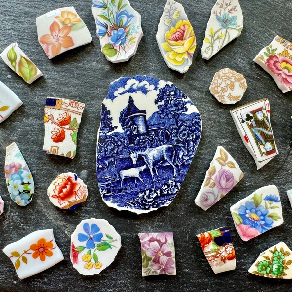 24 “ Vintage china loves pack” Hand cut English vintage  ceramic pieces tesserae tiles for mosaic picassiette  art jewellery making.