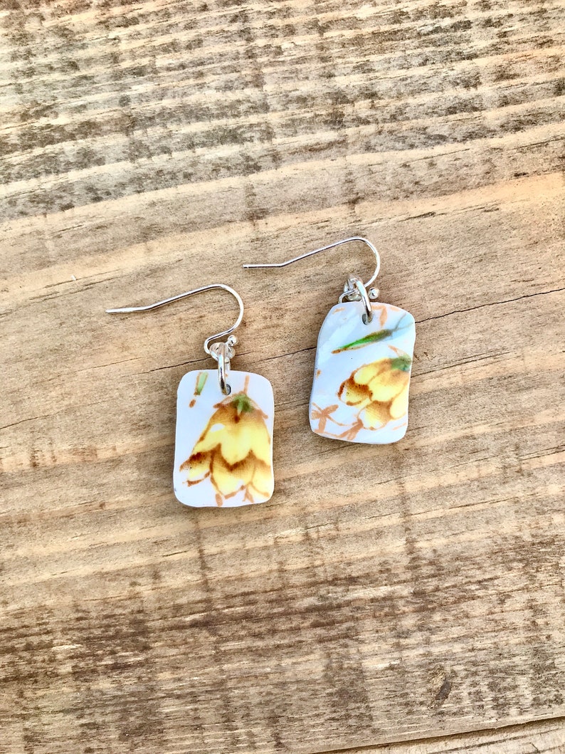 Sweet pale yellow vintage recycled China floral dangle earrings