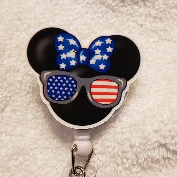 Patriotic Minnie Mouse Retractable Reel ID Badge Holder Stethoscope Yoke Tag - Red White and Blue  Minnie Mouse Breakaway Lanyard Reel Combo