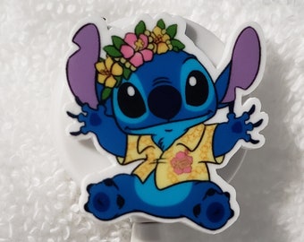 May include: A blue Stitch character with a flower crown and a yellow shirt is featured on a white retractable badge holder.