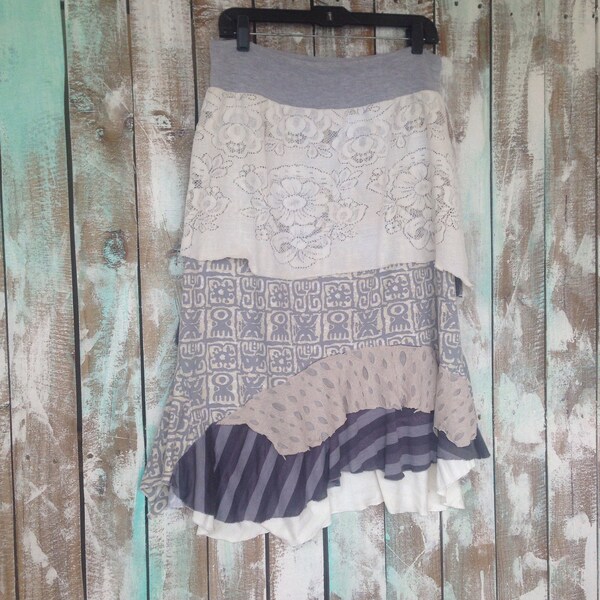 Garden party tea skirt-Shabby Chic tribal print-Lagenlook Patchwork skirt- vintage floral lace-asymmetrical- Boho clothing- gypsy skirt-Sz L