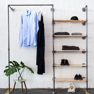 Industrial clothing rail with shelves - steel pipes - clothes stand - open wardrobe - SPACE LOW
