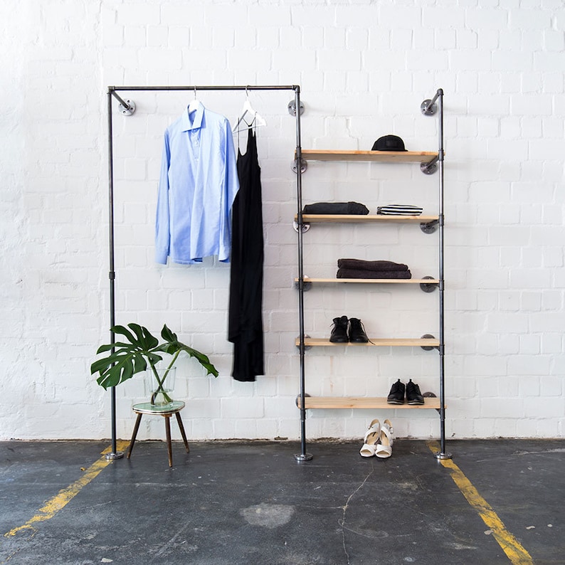 Industrial Clothing Rail With Shelves Steel Pipes Clothes Etsy