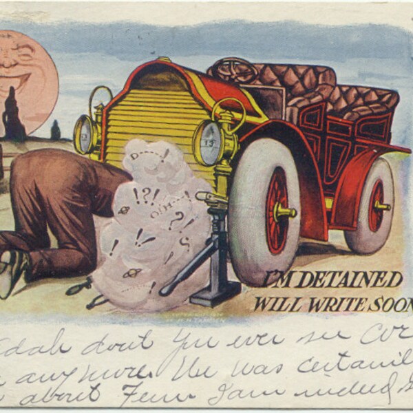 Fixing the Car 'I'm Detained' Man in the Moon Smiling  & Black Cat Antique 1906 Comic Postcard