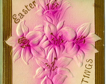 Pink Easter Lilies & Gold borders EASTER GREETINGS Embossed 1914 POSTCARD Antique Post Card