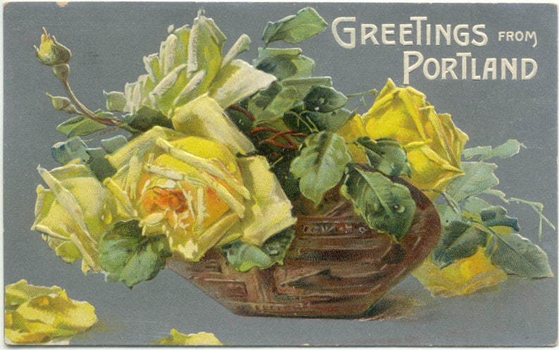 Greetings from PORTLAND Oregon Yellow Rose Bowl on shiny Silver Vintage POSTCARD