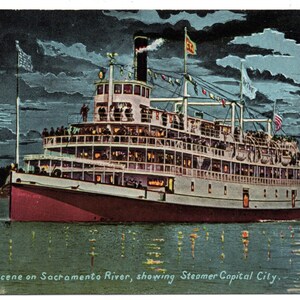 Steamer CAPITAL CITY on Sacramento River in the Moonlight  California Antique 1912 Postcard