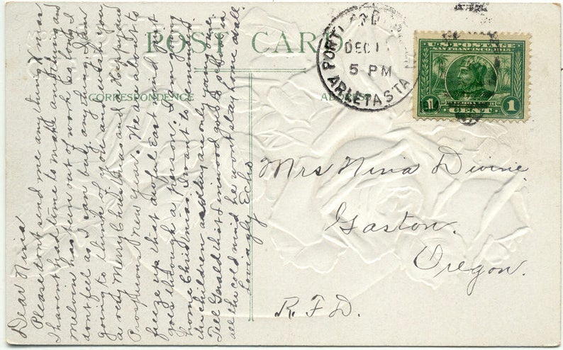 Greetings from PORTLAND Oregon Yellow Rose Bowl on shiny Silver Vintage POSTCARD
