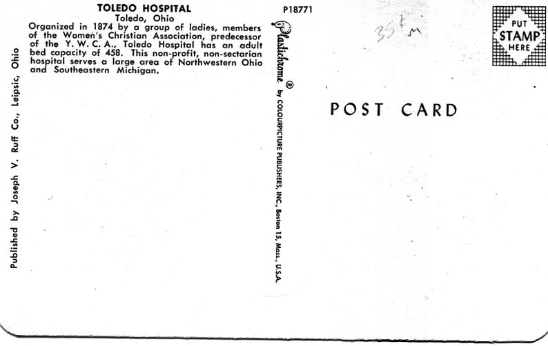 Toledo Hospital Organised in 1874 TOLEDO Ohio Vintage Postcard
