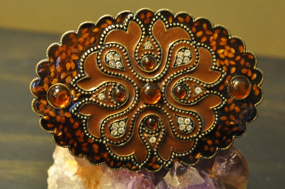 Belt Buckle, Brass Tone, Amber Colored Stones, Brown Enamel  display picture 2