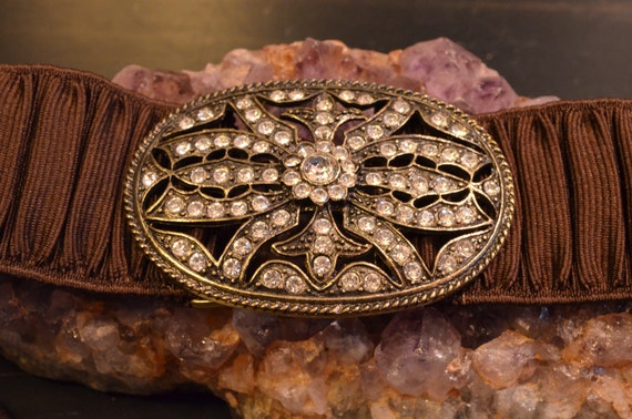 Brown Stretch Belt, Brass Toned Buckle, Floral, Crystal  display picture 3