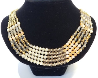 Beaded Necklace, Multi Strand Necklace, Statement Necklace, Brown and Gold Tone Necklace, Boho Necklace, Tribal