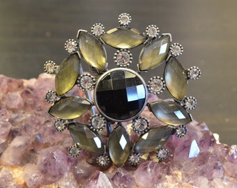 Beautiful Belt Buckle, Flower, Contemporary, Stunning Buckle, Gray Rhinestones, Crystal Buckle, Vintage Belt Buckle, Silver Tones