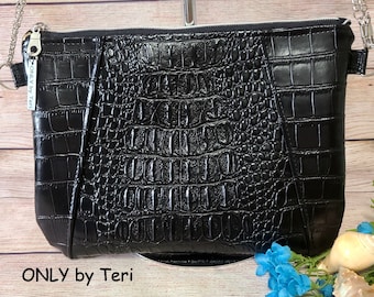 Black Faux Leather Crocodile Alligator Shoulder Bag Purse