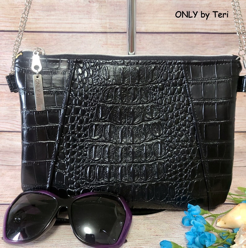 Black Faux Leather Crocodile Alligator Shoulder Bag Purse Etsy France
