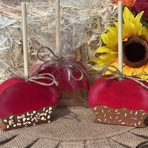 Pu&ograve; includere: Decorazioni in legno a forma di mela, con la parte superiore rossa e la parte inferiore color cioccolato, alcune con zuccherini. Le mele sono su una superficie di juta, con un girasole e foglie autunnali sullo sfondo. Ogni mela ha un bastoncino di legno.