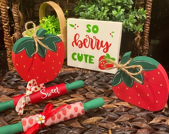 Wood Strawberry Tiered Tray Decor: Summer Farmhouse Set