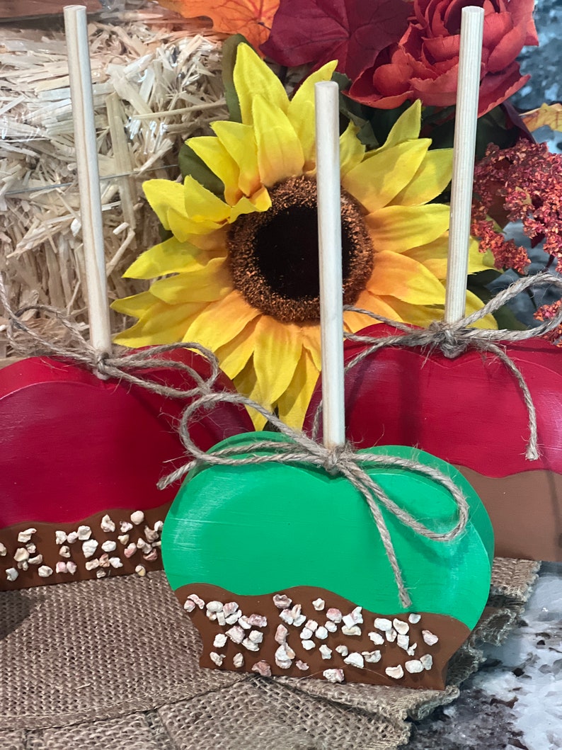 Pu&ograve; includere: Decorazioni in legno a forma di mela in rosso e verde, che ricordano le mele caramellate. Ognuna ha un bastoncino di legno ed &egrave; adornata con una base di 'caramello' marrone cosparsa di pezzi bianchi e beige. Legate con spago, sono su juta.