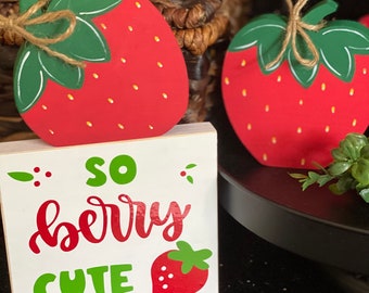 Wood Strawberry Tiered Tray Decor: Summer Set of 2