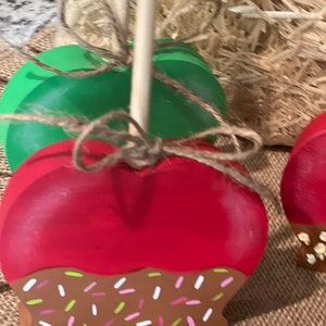Pu&ograve; includere: Ornamenti in legno a forma di mela, dipinti di rosso e verde, con basi marroni decorate con zuccherini colorati. Ogni ornamento ha un bastoncino di legno ed &egrave; legato con spago. Lo sfondo comprende fieno e iuta.
