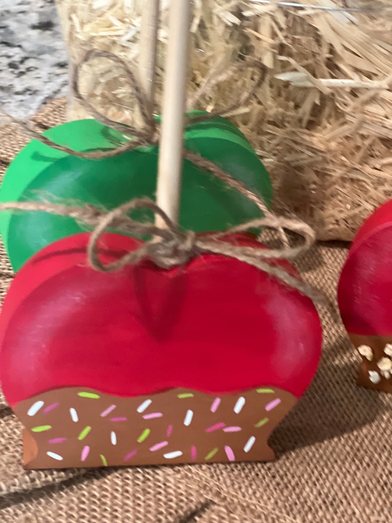 Pu&ograve; includere: Ornamenti in legno a forma di mela, dipinti di rosso e verde, con basi marroni decorate con zuccherini colorati. Ogni ornamento ha un bastoncino di legno ed &egrave; legato con spago. Lo sfondo comprende fieno e iuta.