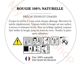 Étiquette 45 mm de sécurité pour bougie 100% naturelle. Planche de 10, 100, 250 ou 1000 étiquettes rondes diamètre 45 mm