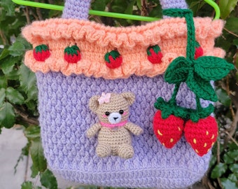 Lindo bolso de crochet Strawbeary, bolso de fresa, bolso de ganchillo, bolso de oso adorable, bolso de ganchillo, oso Kawaii, oso amigurumi, bolso kawaii