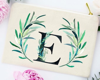 Eucalyptus Wedding, Eucalyptus, Monogram Cosmetic Bag, Monogram Makeup Bag, Girly Makeup Bag, Floral Initial Bridesmaid Makeup Bag, Makeup