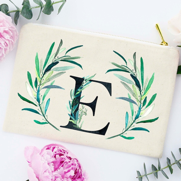 Eucalyptus Wedding, Eucalyptus, Monogram Cosmetic Bag, Monogram Makeup Bag, Girly Makeup Bag, Floral Initial Bridesmaid Makeup Bag, Makeup