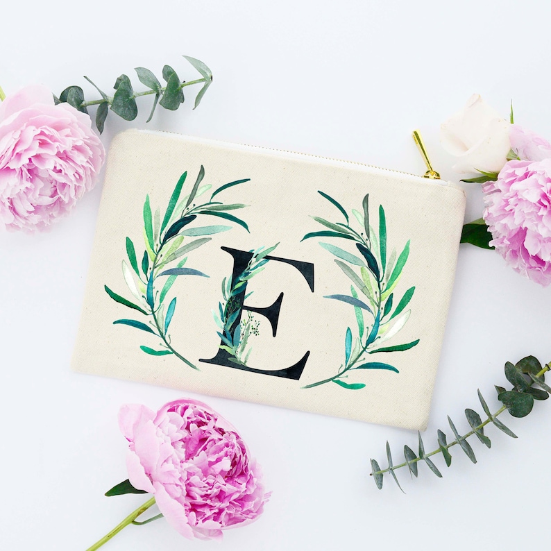 Eucalyptus Wedding, Eucalyptus, Monogram Cosmetic Bag, Monogram Makeup Bag, Girly Makeup Bag, Floral Initial Bridesmaid Makeup Bag, Makeup image 1