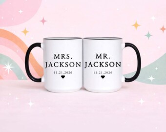 Mr and Mrs Mug Set Wedding Gift for Couple Personalized Last Name Coffee Mug Set Wedding Date Gift Bride and Groom Gift Newlywed Mug Set