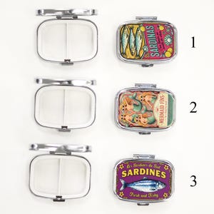 Funny Pill Box Sardine Tin Design Vintage Style Pill Organizer Compact Travel Medicine Case Cute Daily Pill Container Gift for Her image 2