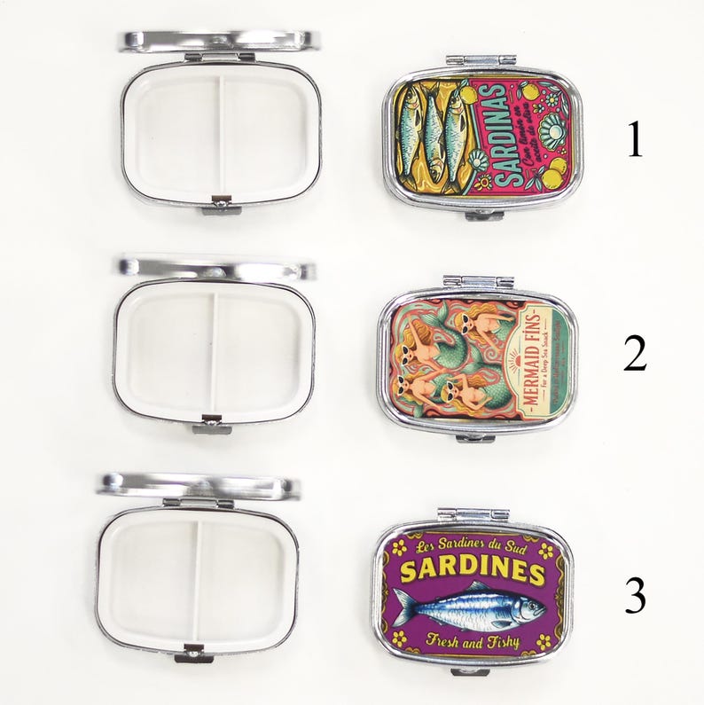 Funny Pill Box Sardine Tin Design Vintage Style Pill Organizer Compact Travel Medicine Case Cute Daily Pill Container Gift for Her image 2