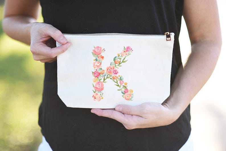 Eucalyptus Wedding, Eucalyptus, Monogram Cosmetic Bag, Monogram Makeup Bag, Girly Makeup Bag, Floral Initial Bridesmaid Makeup Bag, Makeup image 6