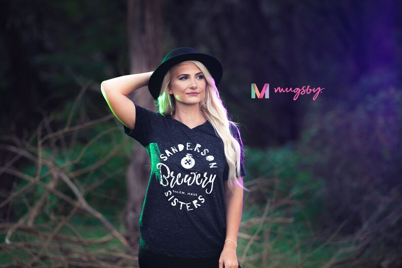 May include: Dark gray v-neck t-shirt with the text "Sanderson Brewery Sisters" in white. The shirt features a round graphic with a cauldron and the text "Salem, Mass". A woman wearing a black hat is in the image.