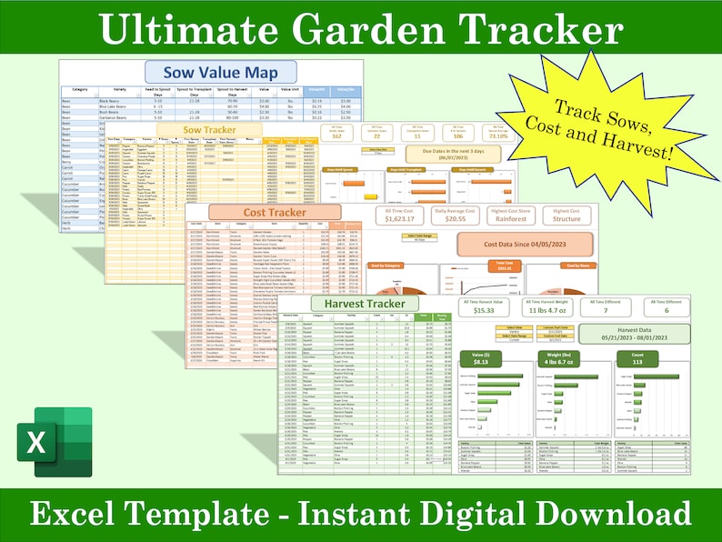 May include: An Excel spreadsheet template for tracking garden activities. The template includes sections for sowing, costs, and harvest. The image shows a green background with the text "Ultimate Garden Tracker" and "Excel Template - Instant Digital Download".