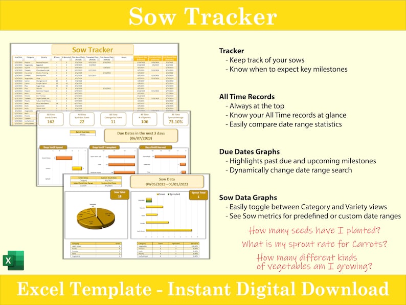 May include: A yellow and orange Excel spreadsheet template for tracking sow dates. The template includes a tracker, all-time records, due dates graphs, and sow data graphs. The text on the template reads "Sow Tracker" and "Excel Template - Instant Digital Download".