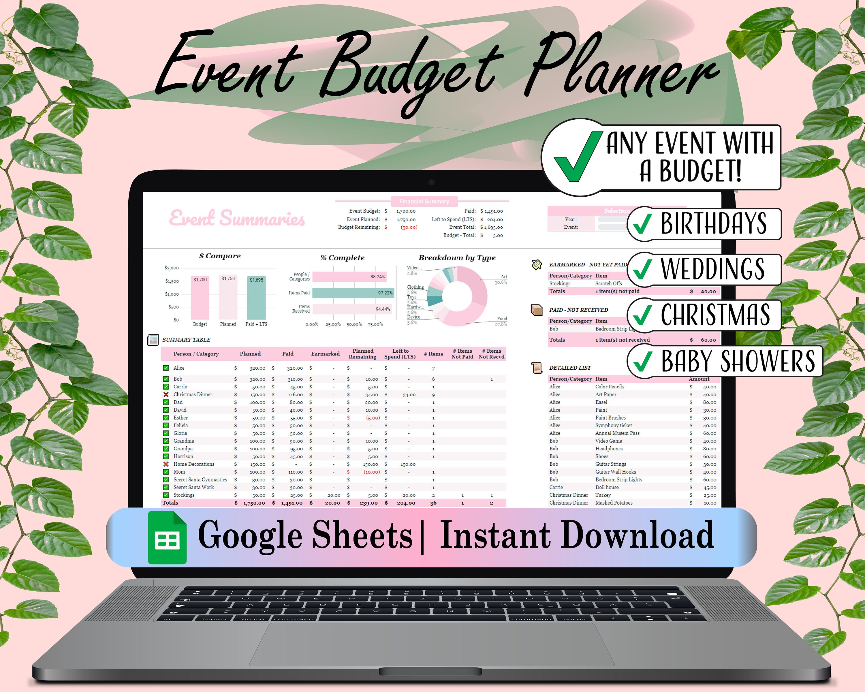 Event Budget Planner Spreadsheet Template - Google Sheets - Birthday, Christmas, Wedding, Baby Shower, Anniversary - All Events in One File