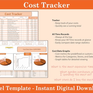 May include: A cost tracker spreadsheet template in Excel format. The template includes a table for tracking costs, charts for visualizing data, and a section for summarizing all-time records. The text on the template reads "Cost Tracker", "Tracker", "All Time Records", "Cost Data Since 12/07/2022", "Cost Data Graphs", "What is the most expensive time of year?", "What garden purchases am I spending the most on?", "What store do I buy the most from?", and "Excel Template - Instant Digital Download".