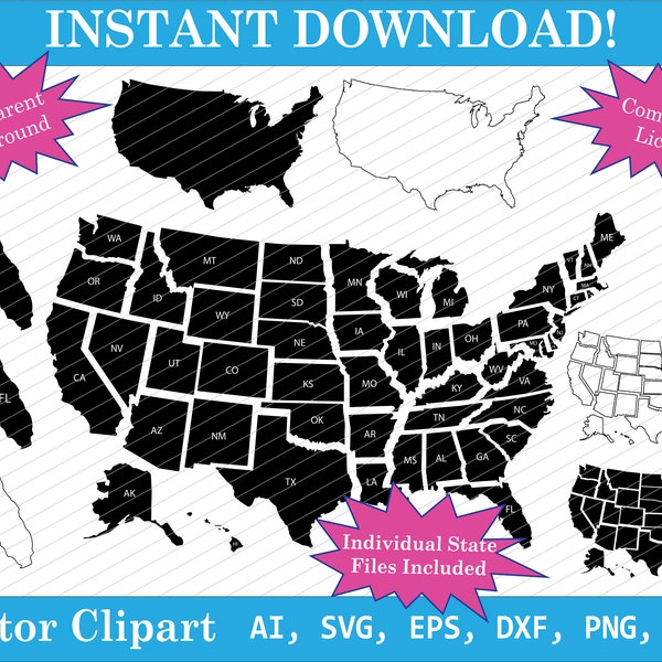 USA Map and States Svg Bundle Vector Clipart Art Png Jpg silhouette - Digital Download - 630+ Files optimized for Vinyl and Laser Cutting