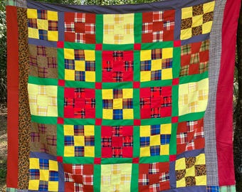 Vintage 1960's & 1970’s Polyester Flannel Retro Plaid Patchwork Homemade Quilted Throw Blanket