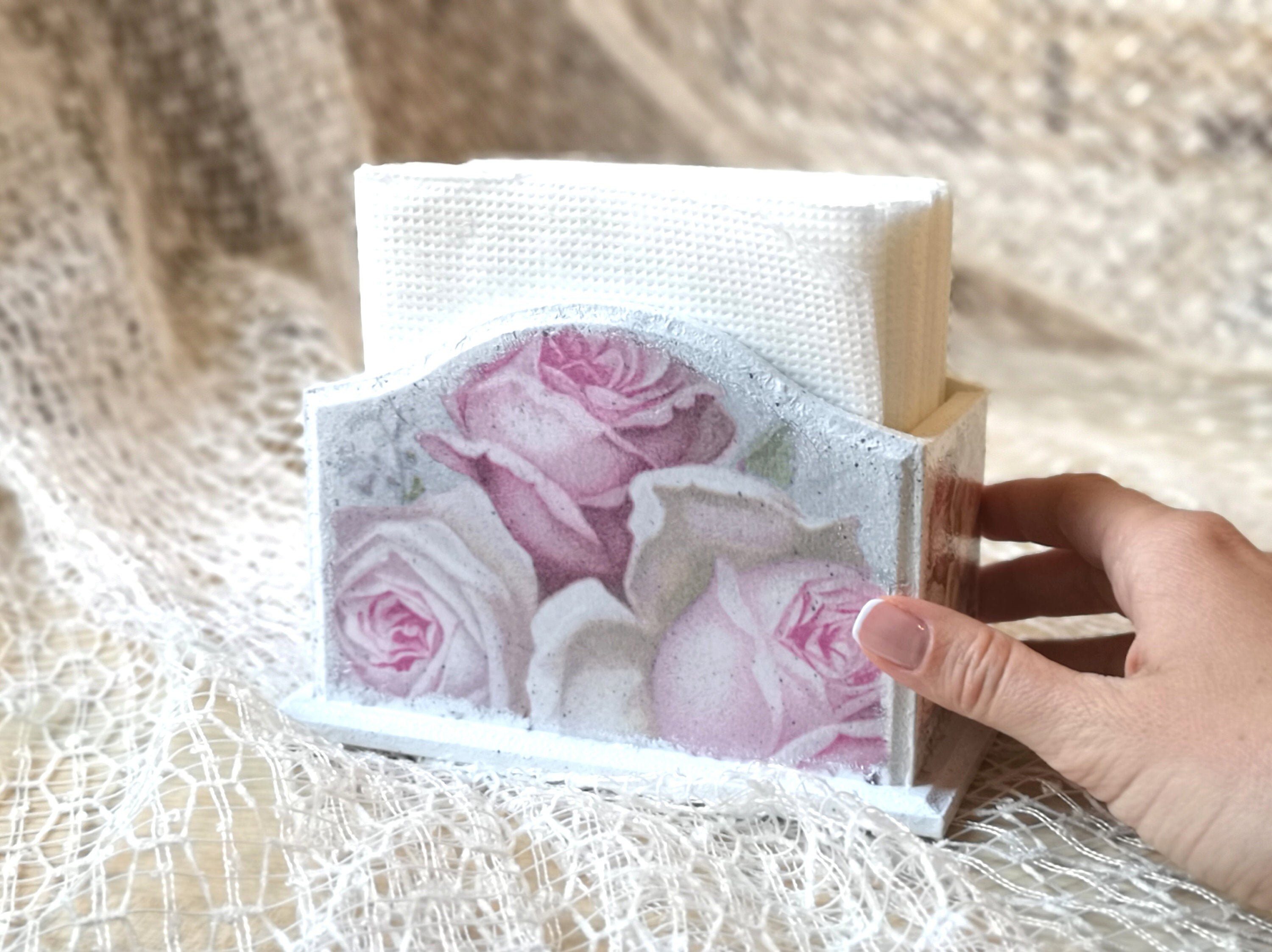 Tissue box flowers Wooden organizer Vintage roses Vanity Etsy