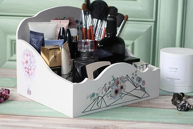 Makeup organizer Vanity organizer, Beauty salon station Wooden Floral Womens gift for Mom Jewelry Storage Brush holders Shabby chic