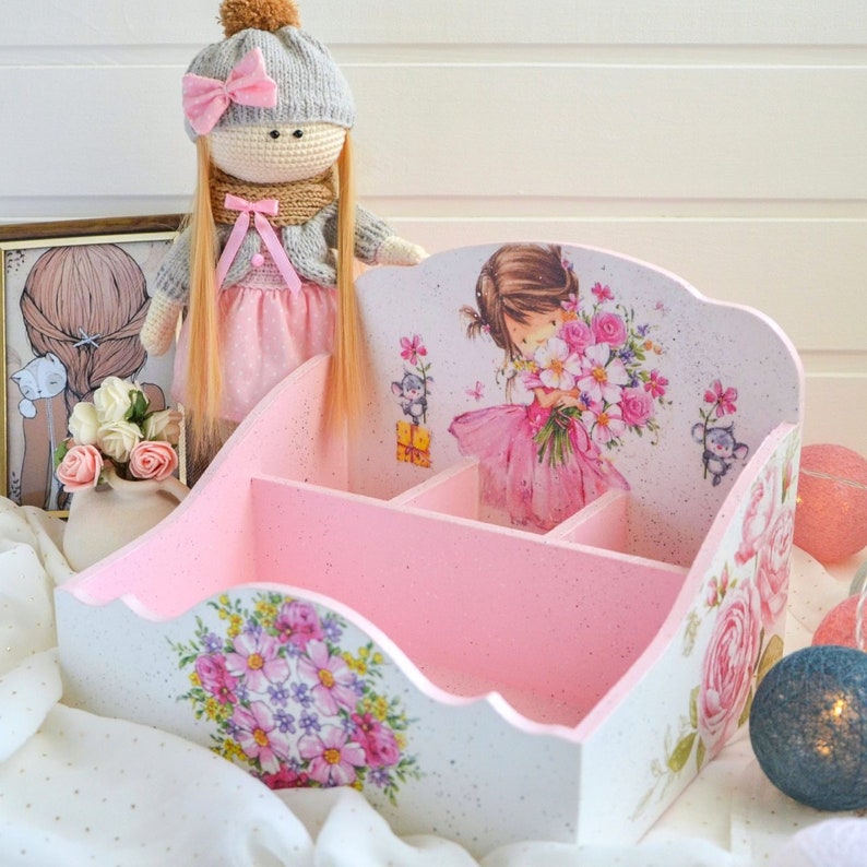 Cute Makeup Organizer Floral Desk Accessories Wooden Office Etsy
