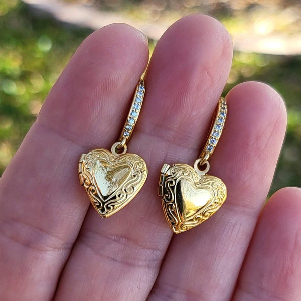 Vintage Heart Locket Earrings , Engraved Heart Locket with photo, Personalized gift.