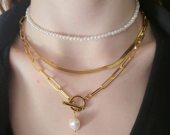 Gold Link-Halskette, Perlen-Choker, Herringbone-Kette, wasserdichte verstellbare Ketten.
